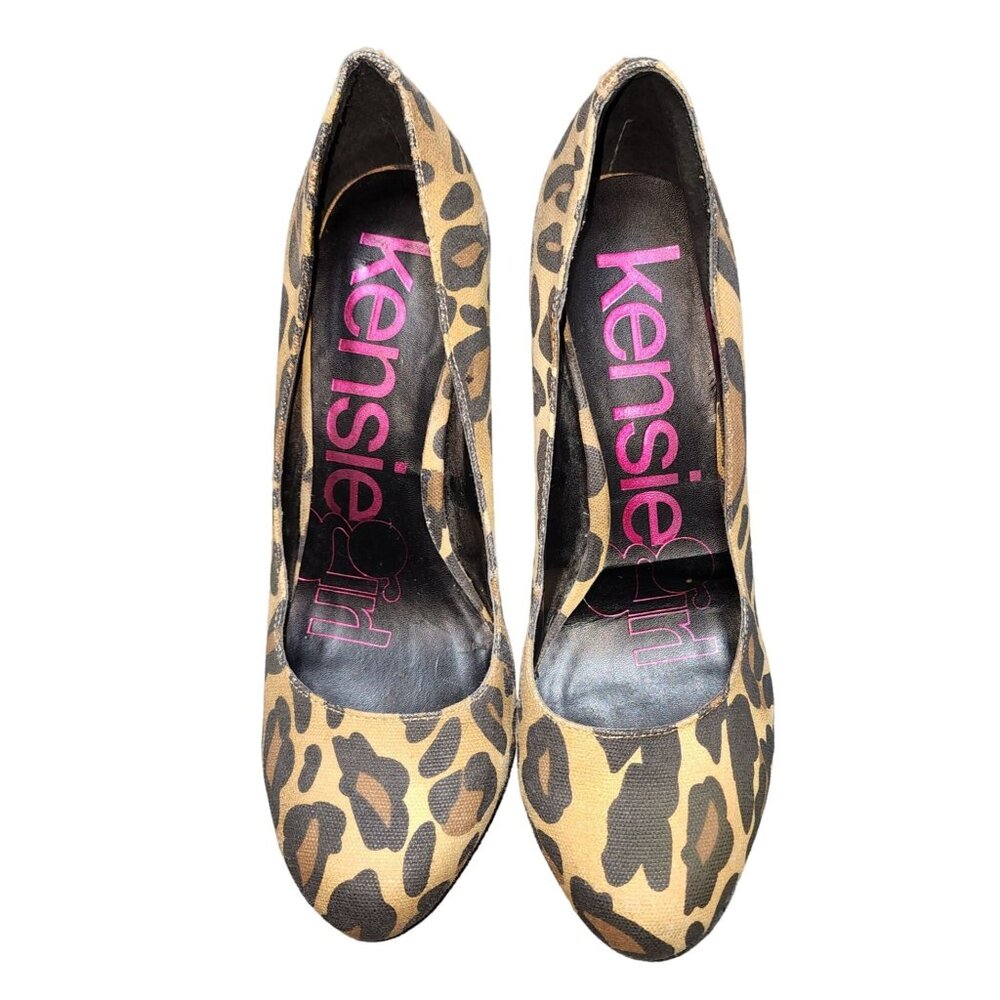 Women's Kensie Girls Canvas Leopard Pumps Heels Shoes Animal Print 9 Brown Black
